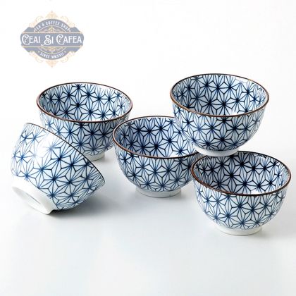 Sachiko Set 5 Cupe Japoneze din Porțelan Fin cu Model Asanoha, 8,9 cm