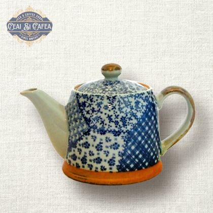 Ceainic Japonez din Ceramică cu Sită Inox, 0,5 L, Decor Indigo Patchwork