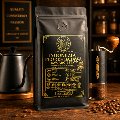 punga de cafea indonezia flores bajawa langa un ceainic gat de lebada si rasnita il comandante