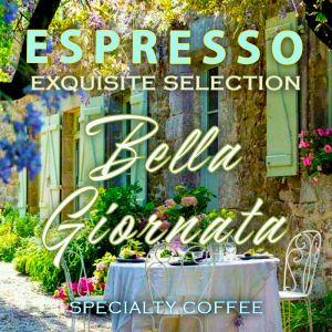 o masa intr-o gradina iatalieneasca, cu cafea Bella Giornata si dulciuri