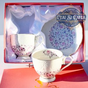  Set cesti de portelan fin cu farfurioare, floricele si embos, 2+2, cutie roz - pentru ceai si cafea