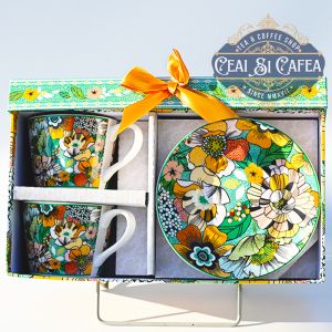 Set cănițe de porțelan cu farfurioare, FLORI EXOTICE, 2+2, cutie flori exotice - pentru ceai si cafea