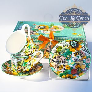 Set cănițe de porțelan cu farfurioare, FLORI EXOTICE, 2+2, cutie flori exotice - pentru ceai si cafea