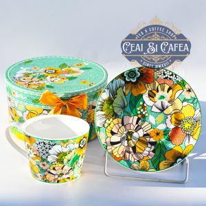 Căniță cu farfurioară, din porțelan, FLORI EXOTICE - 200ml, cutie cilindru