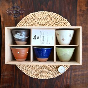 Go Shiki Yunomi Set 5 Cupe Japoneze din Ceramică Artizanală, Cutie de Lemn, 9,4 cm