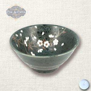Midori Sakura Bol Japonez din Ceramică, Glazură Verde cu Flori de Cireș, 13 cm