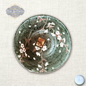 Midori Sakura Bol Japonez din Ceramică, Glazură Verde cu Flori de Cireș, 13 cm