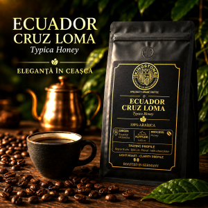Punga de cafea Ecuador Cruz Loma cupa, ceainic si boabe de cafea